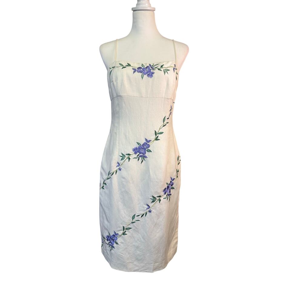 vintage Donna morgan petite floral embroidered linen blend dress womens size 10